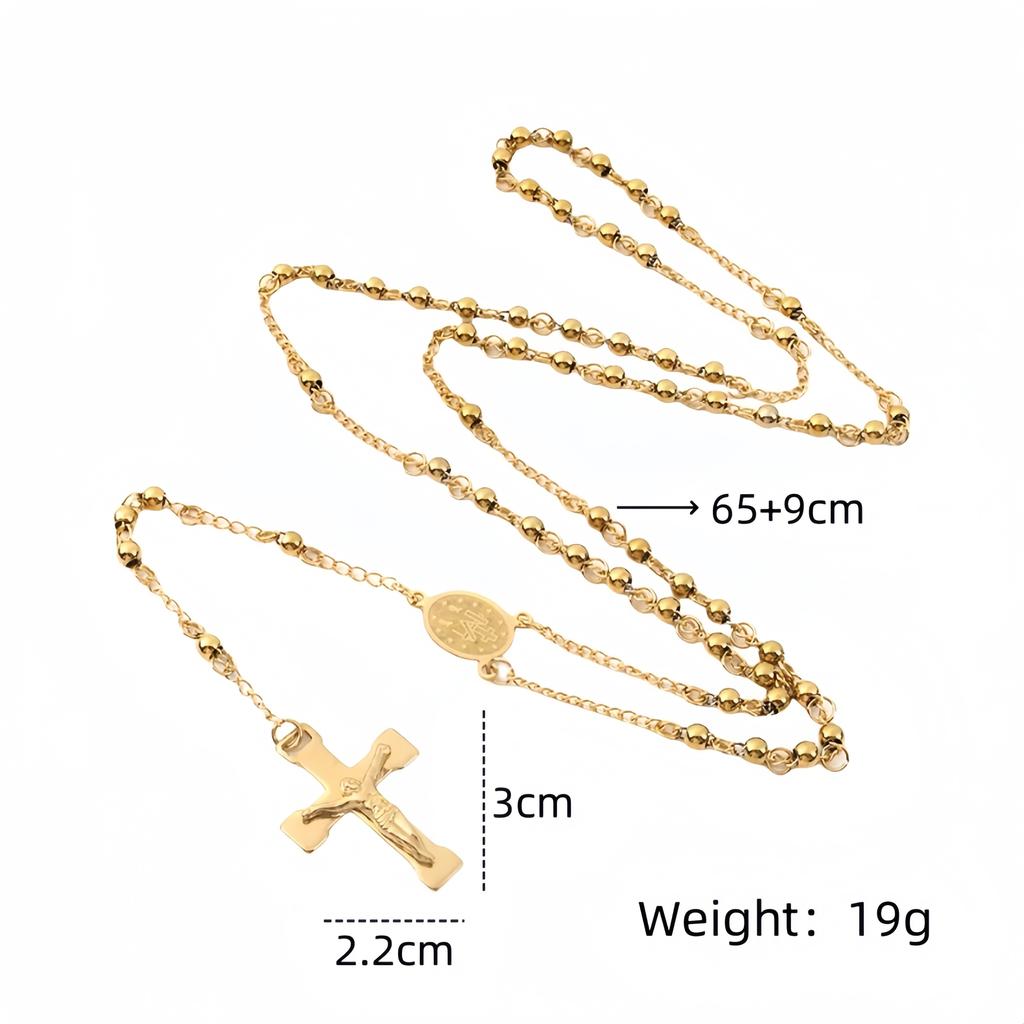 1pcs High Sense of Gold Fashion Stainless Steel Sweater Cross Beads Necklace Retro Pendant Light Luxury Niche Accessories