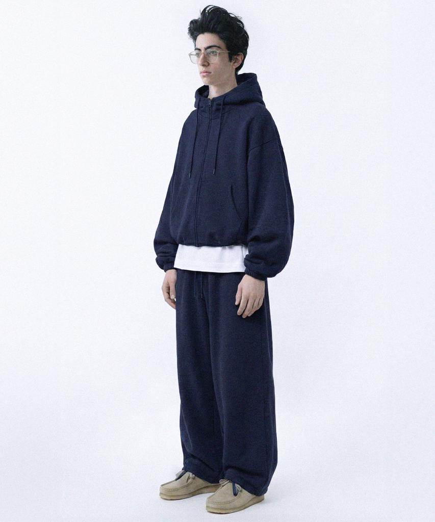 Prinoar [Set] String Oversized Two-Way Zip-Up Hoodie + Single-Pleat Wide Pants - Navy