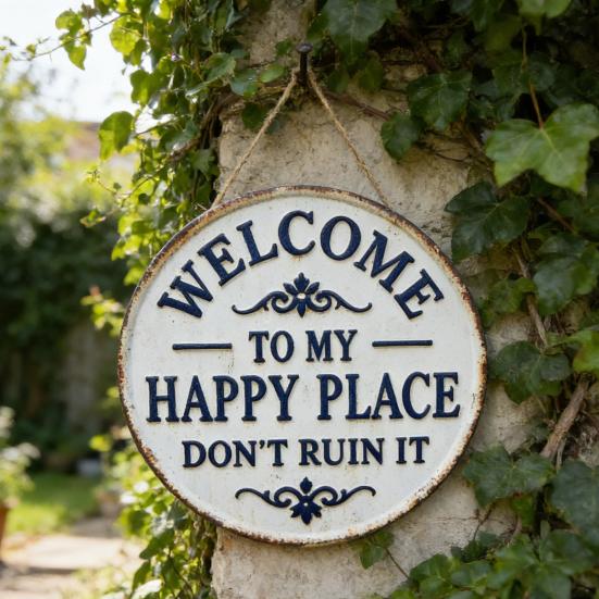 Welcome Sign for Front Door Round Metal Welcome to My Happy Place Hanging Plaque for Home Office Bedroom Kitchen Dining Bar Decor