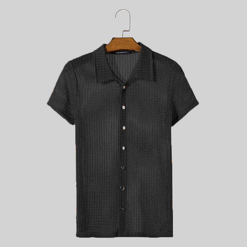 

INCERUN Мужские однотонные полые прозрачные рубашки с воротником с лацканами и короткими рукавами 3XL хаки