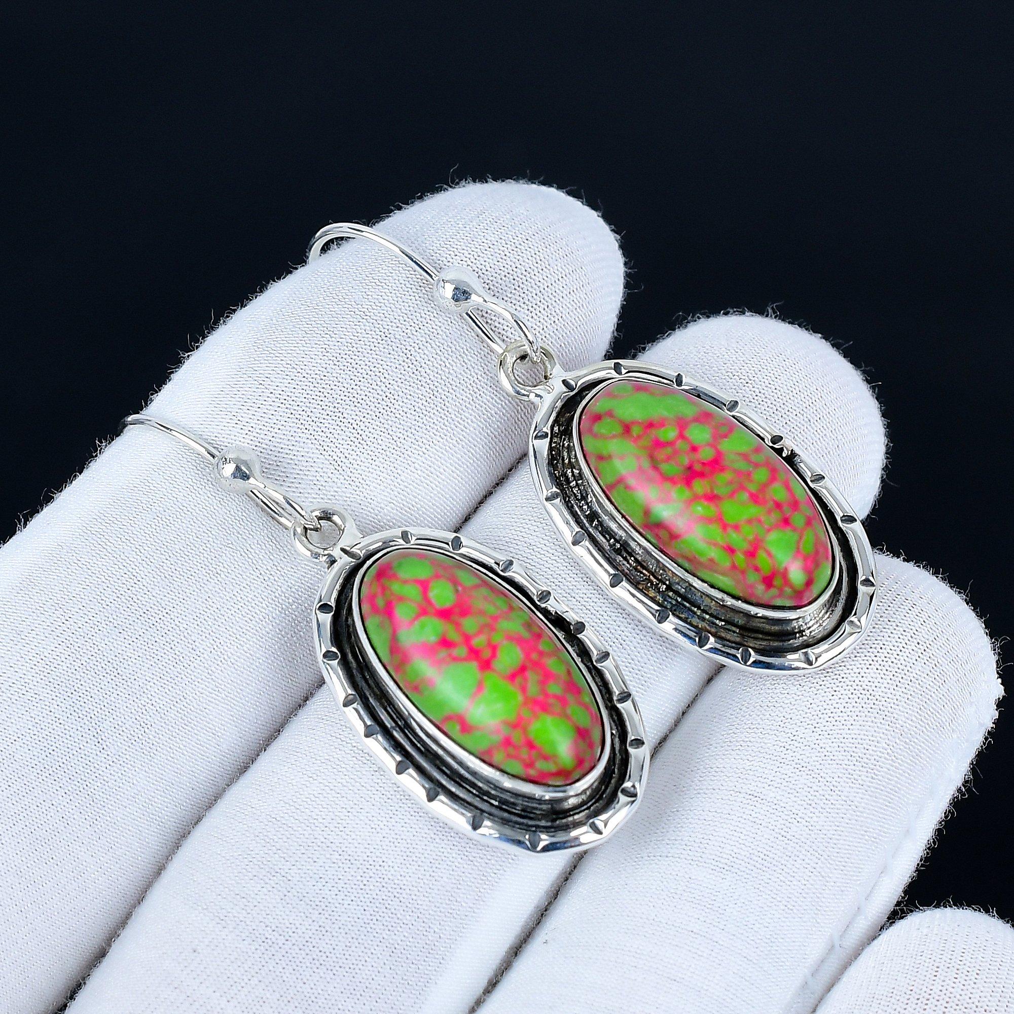 

Green Mosaic Jasper Gemstone Earrings, 925 Sterling Silver Earrings, Handmade Silver Earrings For Gift, Green Mosaic Dangle Drop Earrings For Gift 5.5 Cm