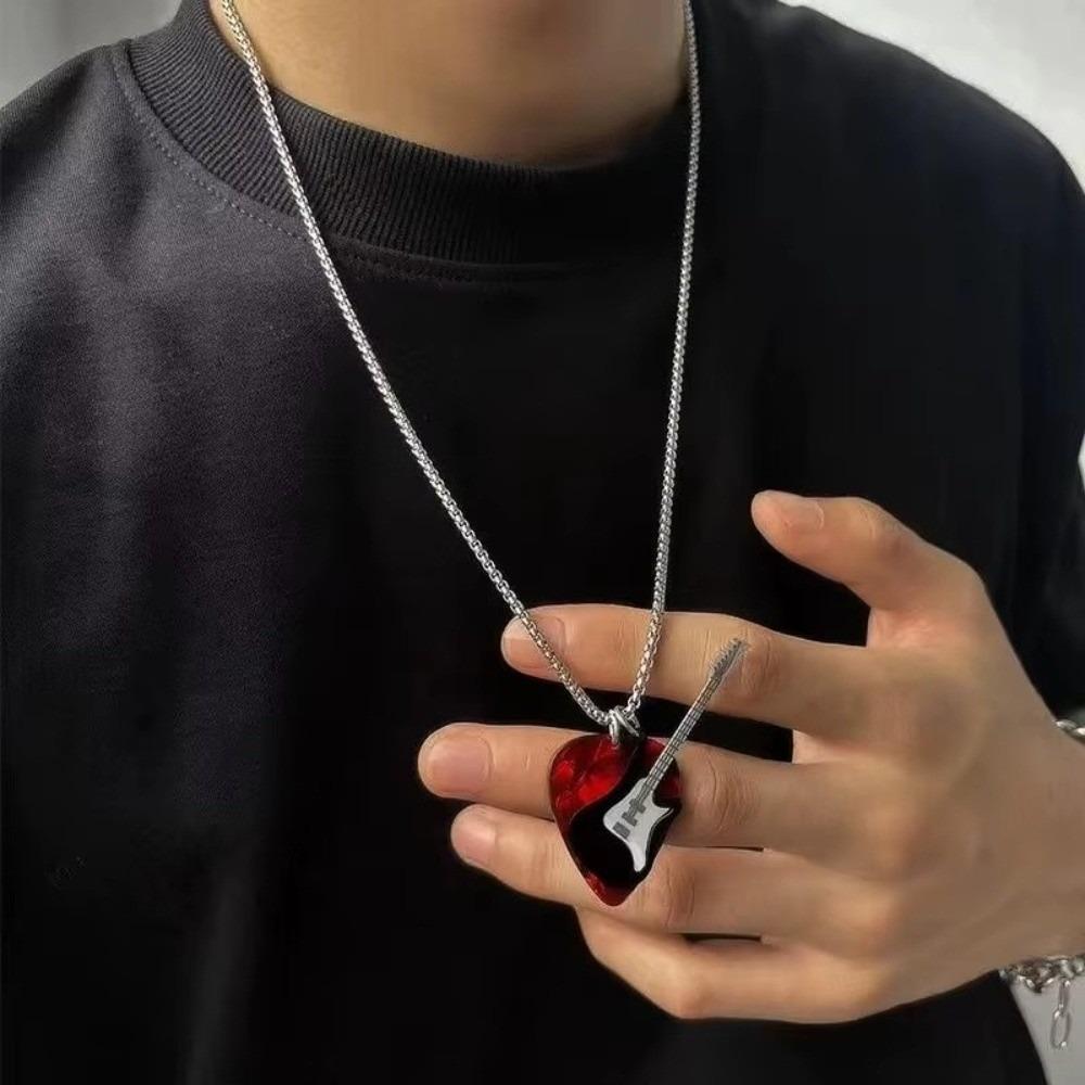Edelstahl Gitarrenplektrum Anhänger Halskette Hip-Hop Kette Collier Accessoires Für Damen Herren
