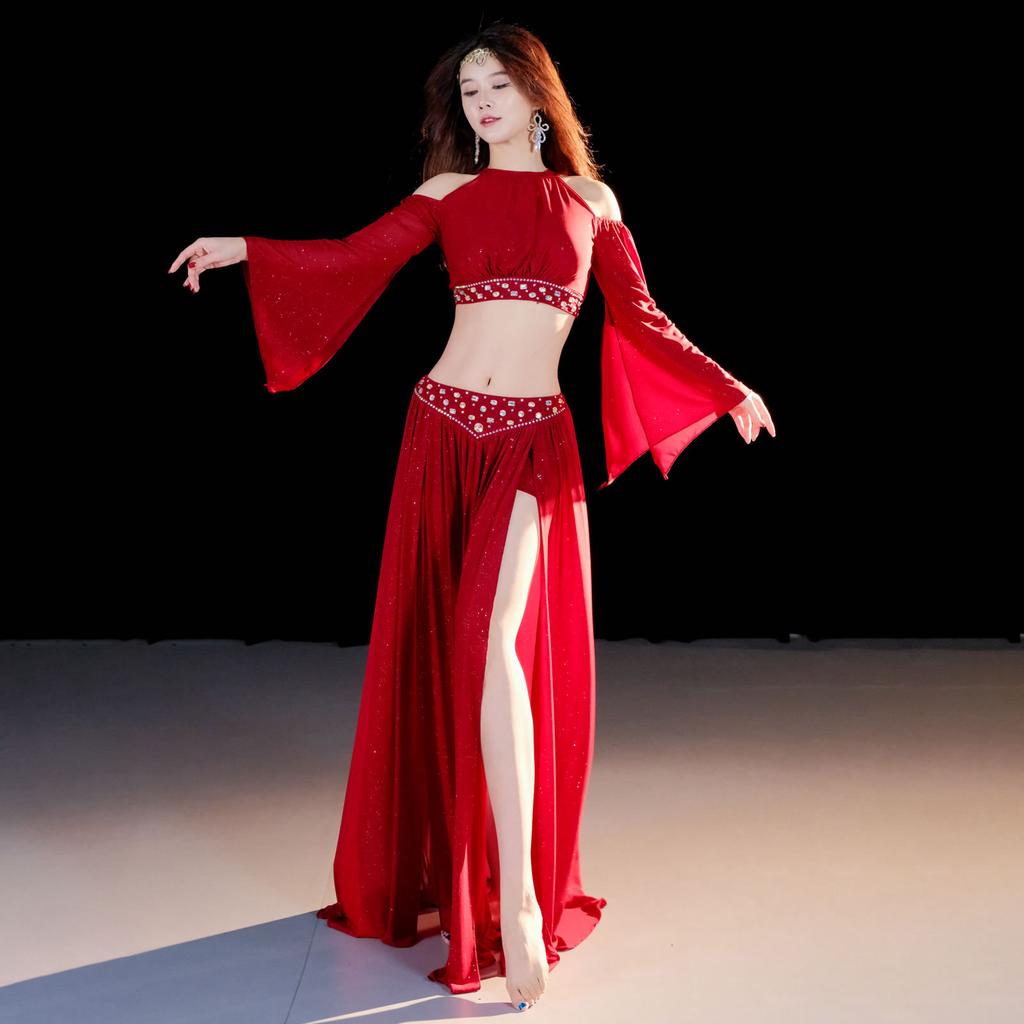 2026 Set Due Pezzi Lucido a Maniche Lunghe per Danza del Ventre da Donna Costumi Orientali a Doppio Spacco per Danza del Ventre Abbigliamento da Ballo per Performance