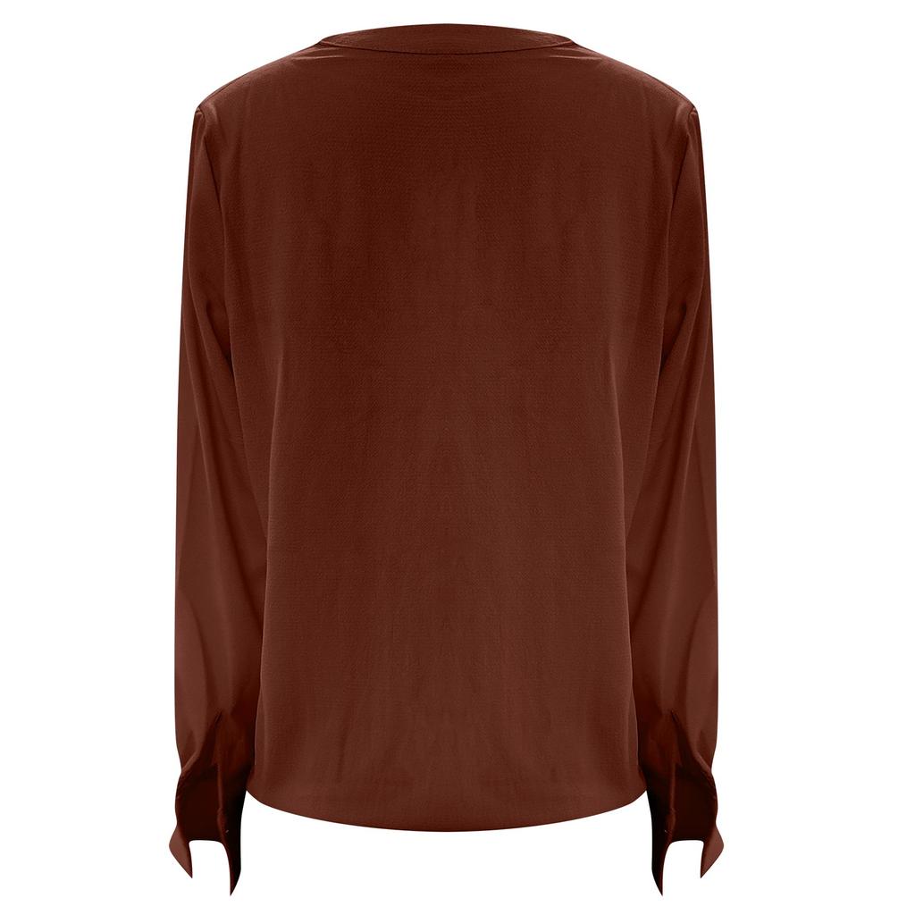 Women's Casual Loose Deep V-neck Shirt Chiffon Pleated Long Sleeve Work Shirt