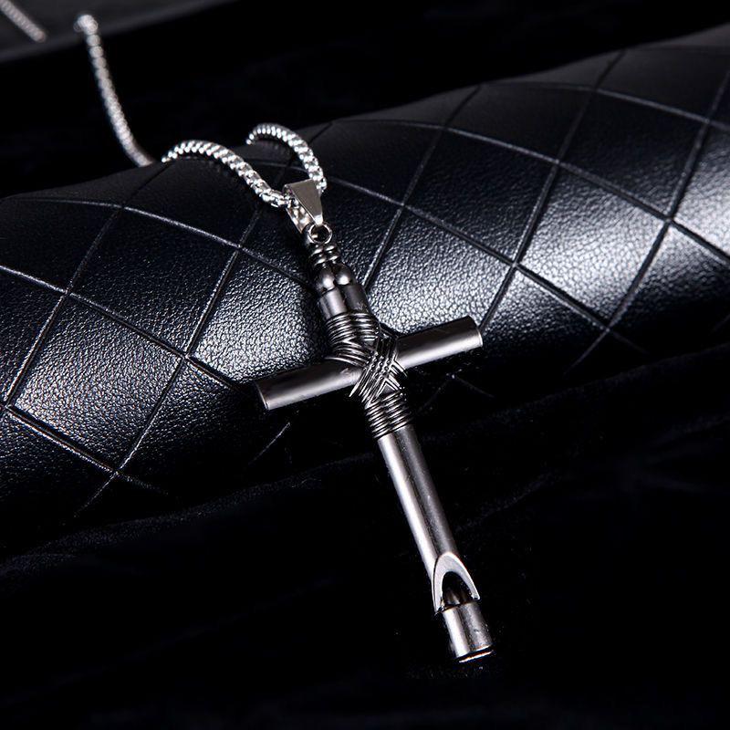 

Trendy European and American Men s Cross Whistle Pendant Necklace - Punk Long Sweater Chain
