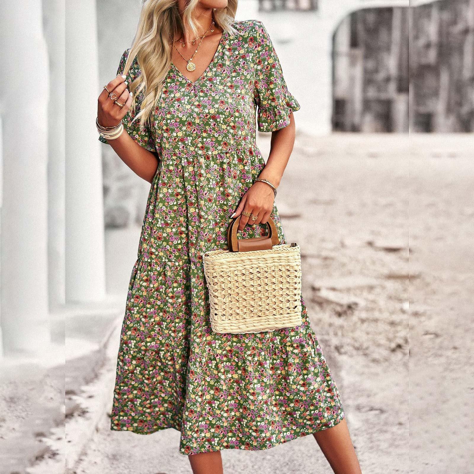 

Модное и сексуальное женское элегантное платье с v-образным вырезом, летние платья с короткими рукавами XL зелёный