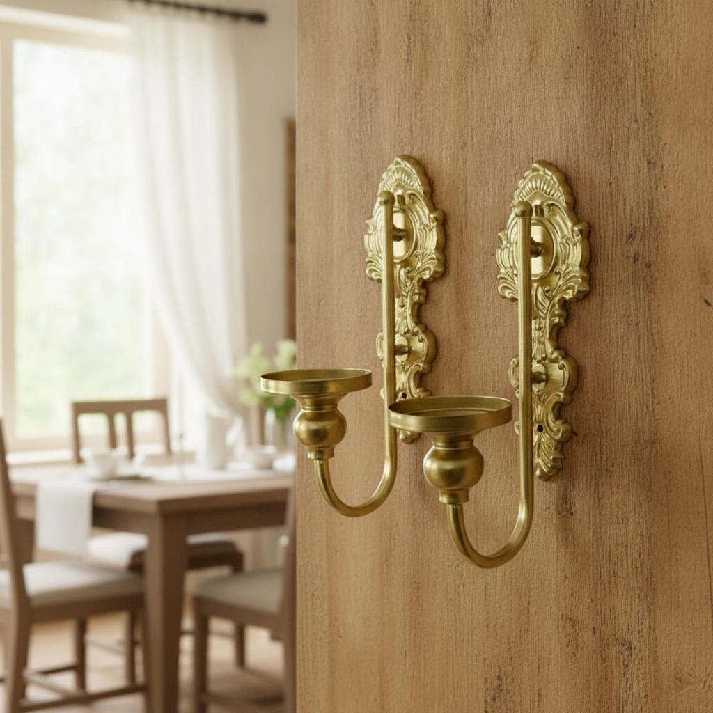 2 Pieces Wall Candle Sconce Vintage-Style with Scrollwork Gold