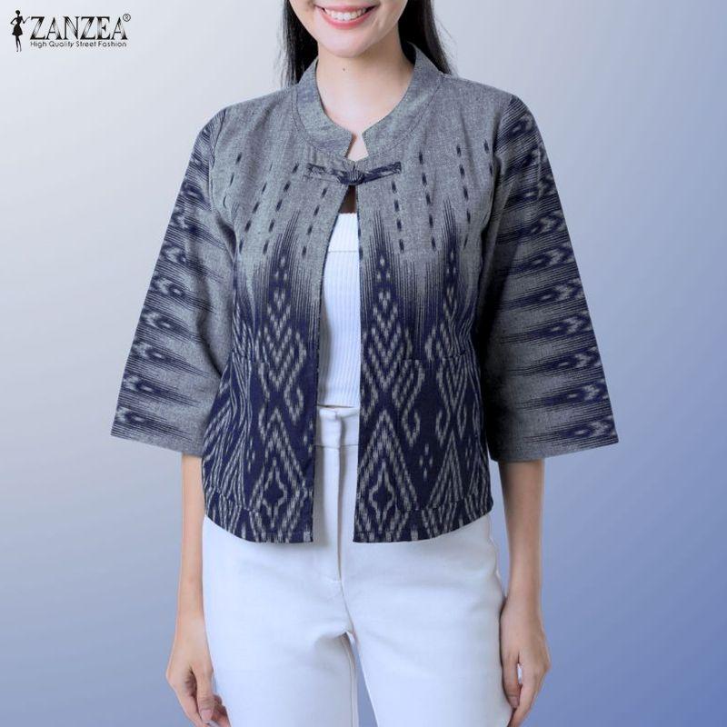 ZANZEA Women Ethnic Print Casual Stand Collar 3/4 Sleeve Cardigan Blouse