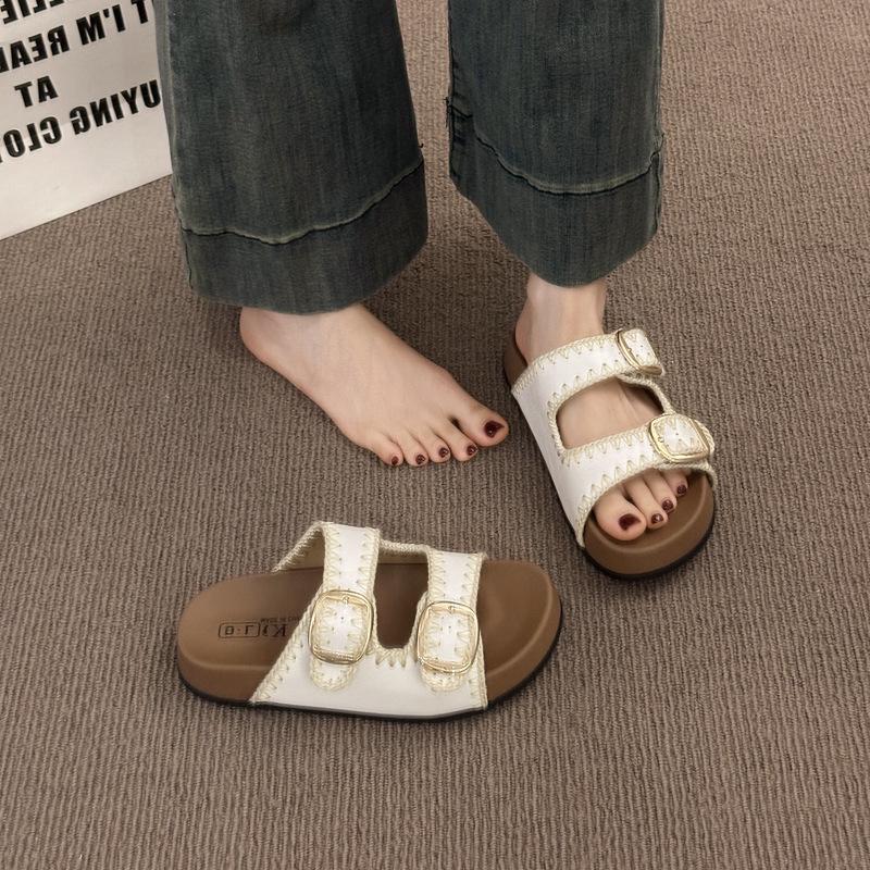 Cool Slippers Women's Summer Outer Wear 2025 New Retro Casual Round Head Belt Buckle Hollow Muffin Thick-soled Slippers