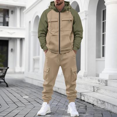Mens Color Block Raglan Sleeve Hooded Zip Up Cargo Sweatshirt And Jogger Pants Two Piece Set