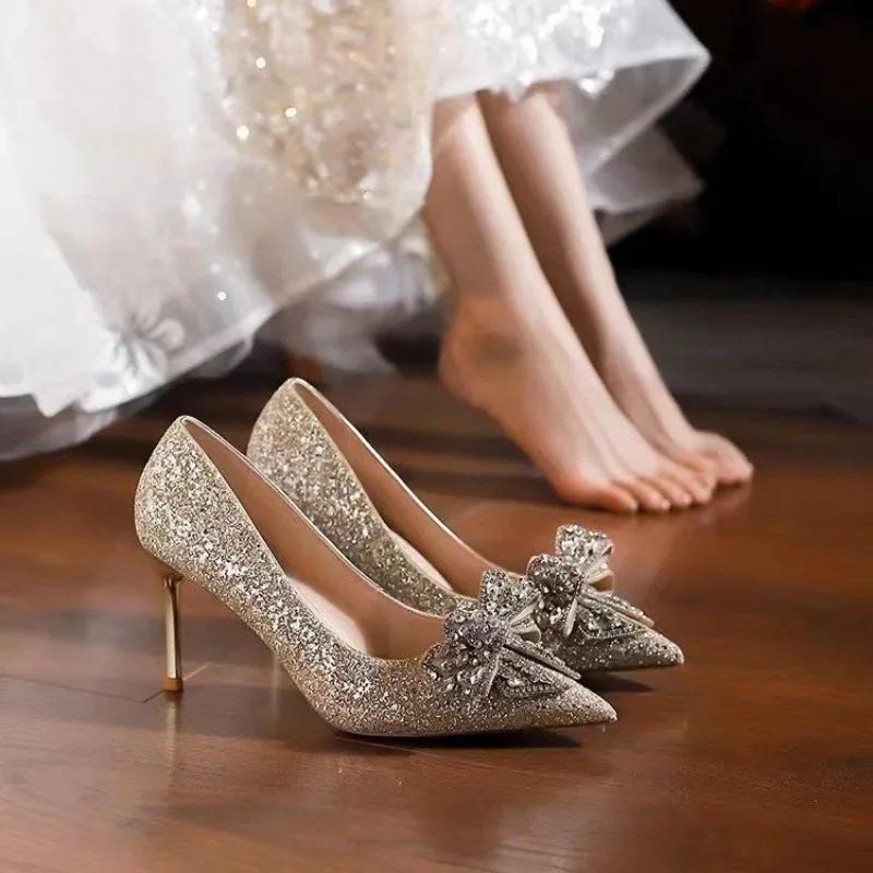 Fashion French Crystal Silver High Heels Womens 2025 New Bow Solid Shining Womens Shoes WOMEN Pointed Toe Casual Pumps