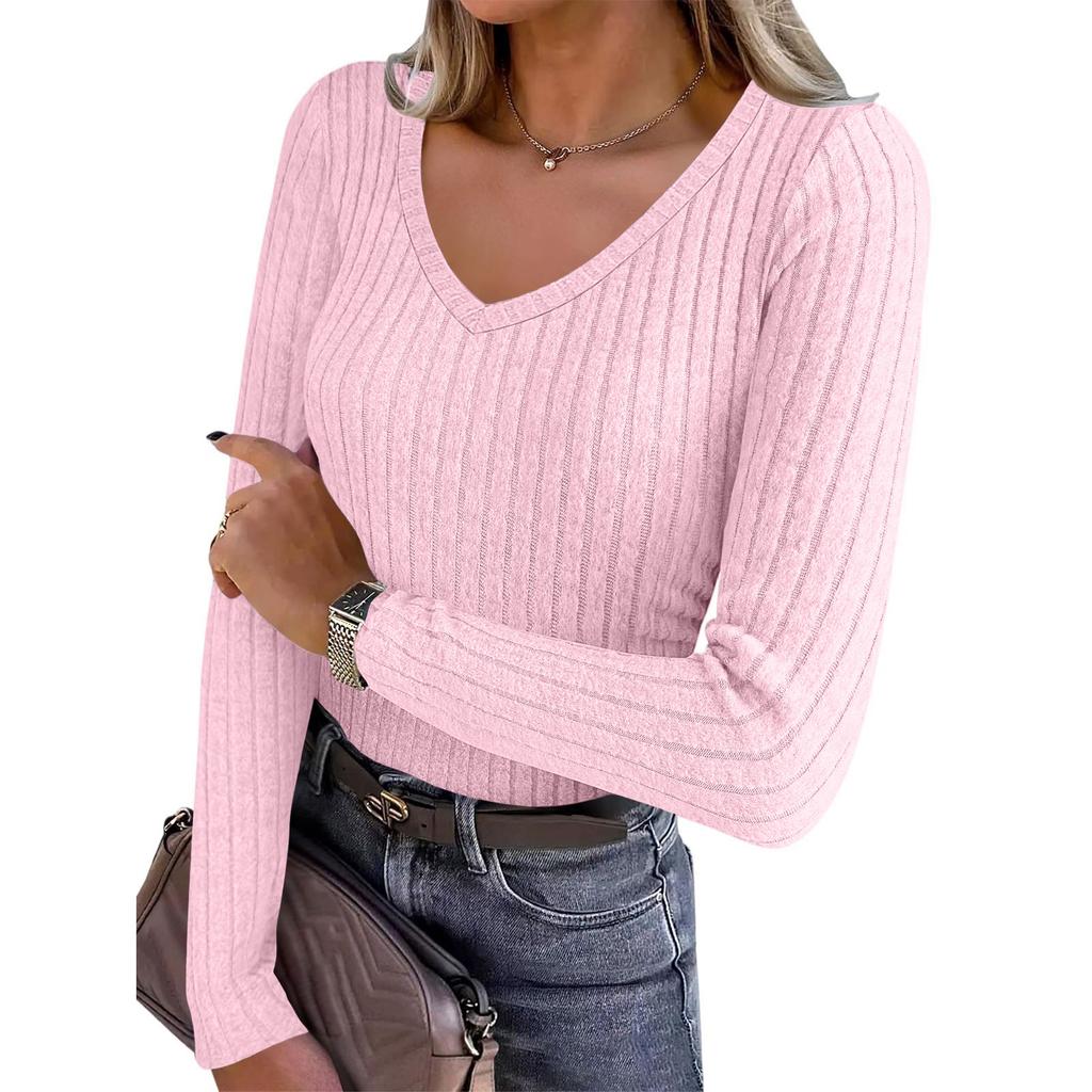 Women's Long Sleeve Knit V-Neck Pullover Top for Casual Daily Wear
