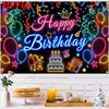 2D Black Neon Birthday Backdrop "Happy Birthday" with Glowing Party Icons for Night Party Decoration