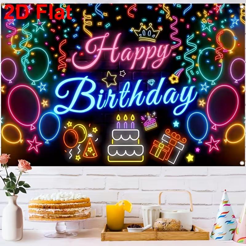 2D Black Neon Birthday Backdrop "Happy Birthday" with Glowing Party Icons for Night Party Decoration