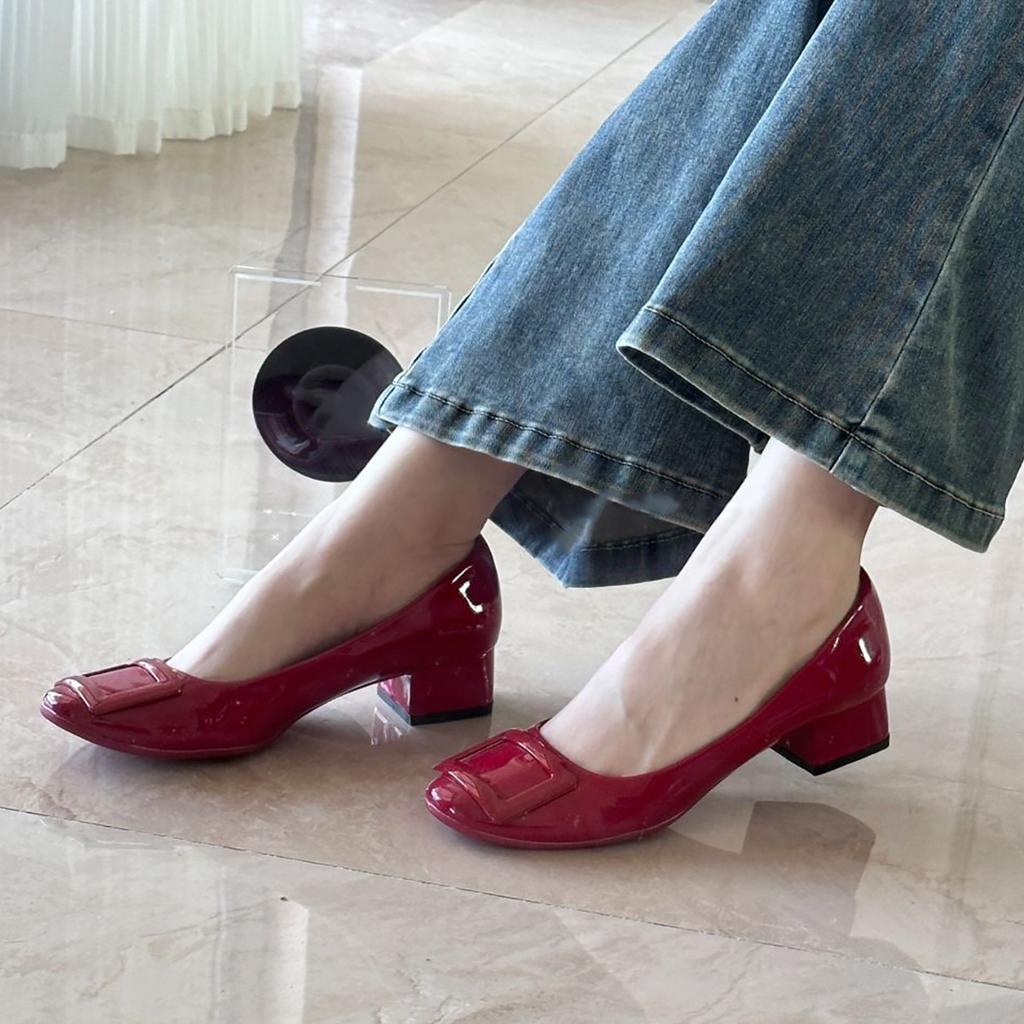 Sheepskin version~ French naked pink single shoes square buckle round head gentle style high heels versatile light mouth commuting thick heels