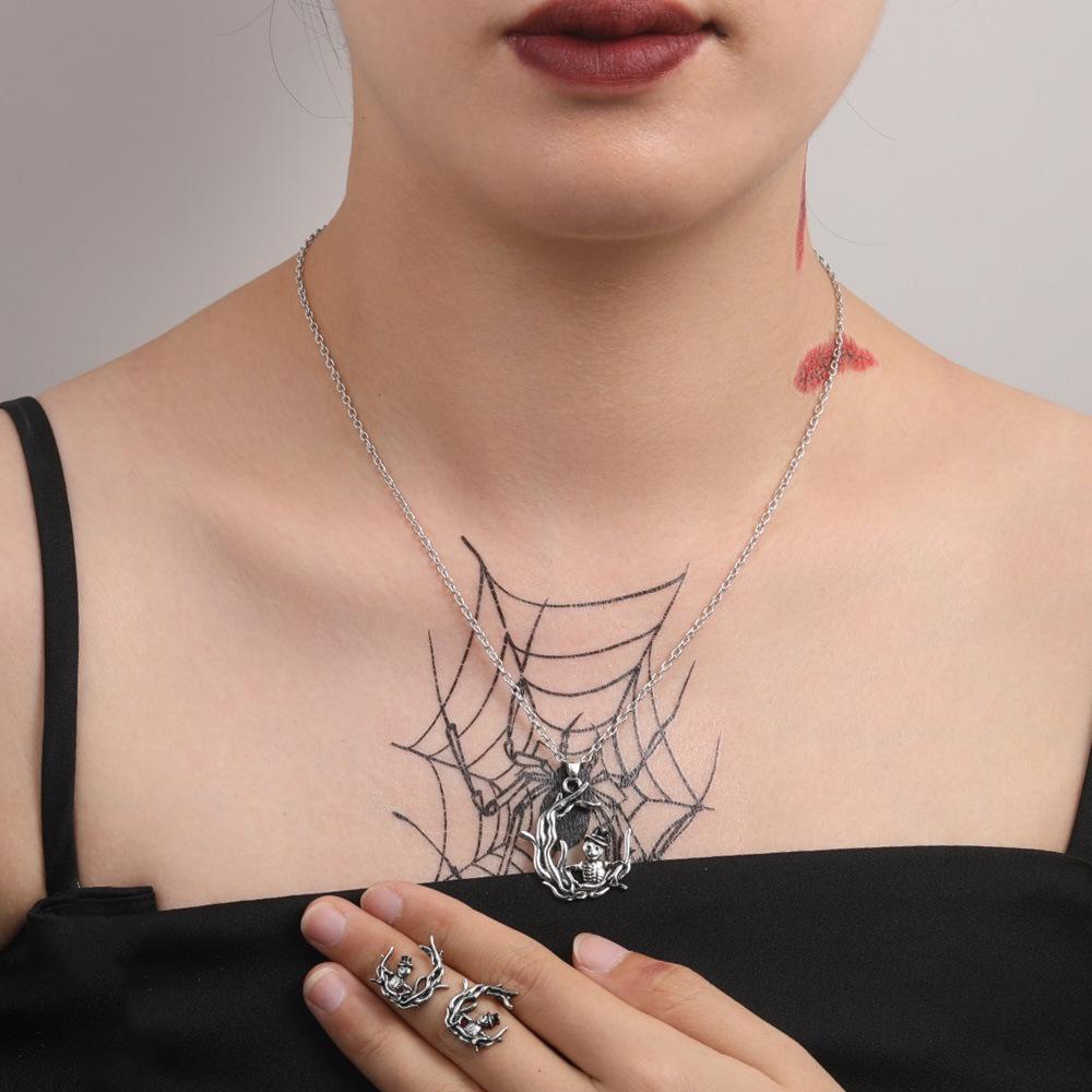 

Halloween Ornaments Personalized Jewelry Set, Retro Ghost Sickle Skeleton Bat Necklace Earrings 3-Piece Set