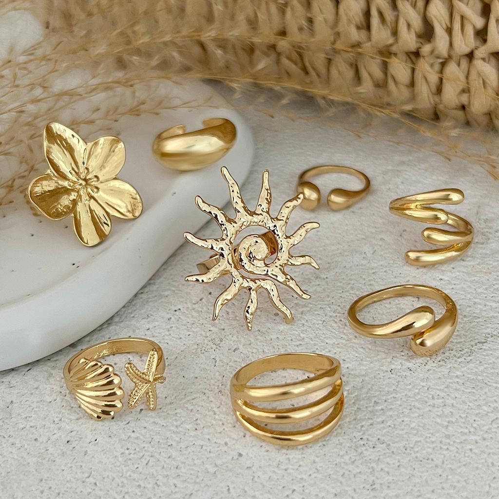 Summer Vacation Starfish Scallop Open Ring Set for Women Men Gold Color Glossy Alloy Flower Adjustable Ring Jewelry Gift