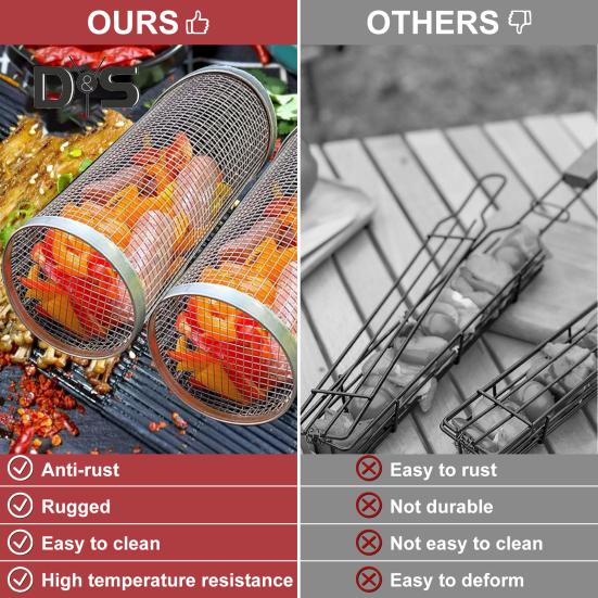 Rollbarer Grillkorb aus Edelstahl, antihaftbeschichtet, tragbar, für den Außenbereich, Camping, Grillrost für Gemüse, Fleisch, Fisch, Pommes Frites