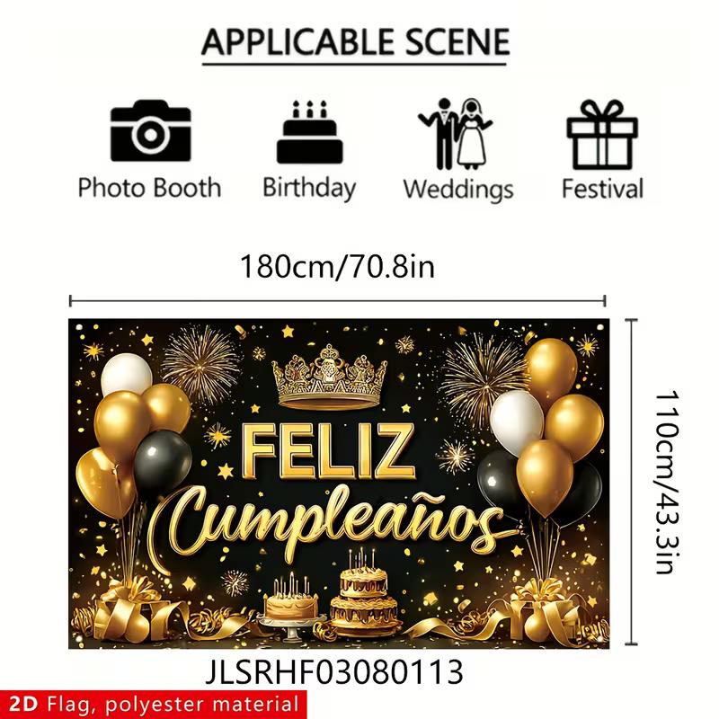 2D Spanish Happy Birthday Backdrop, Black Gold Balloon & Crown Banner, Fiesta Party Decor