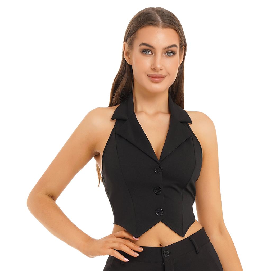 Ladies Crop Tops Formal Elegant OL Waistcoat Suits Vest Women Backless Vest Outerwear Jacket Coat Halter V-Neck Office