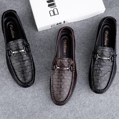 Embossed Plaid Casual Leather Shoes First Layer Cowhide Casual Beanie Men's Shoes Large Size Men's Small Leather Shoes