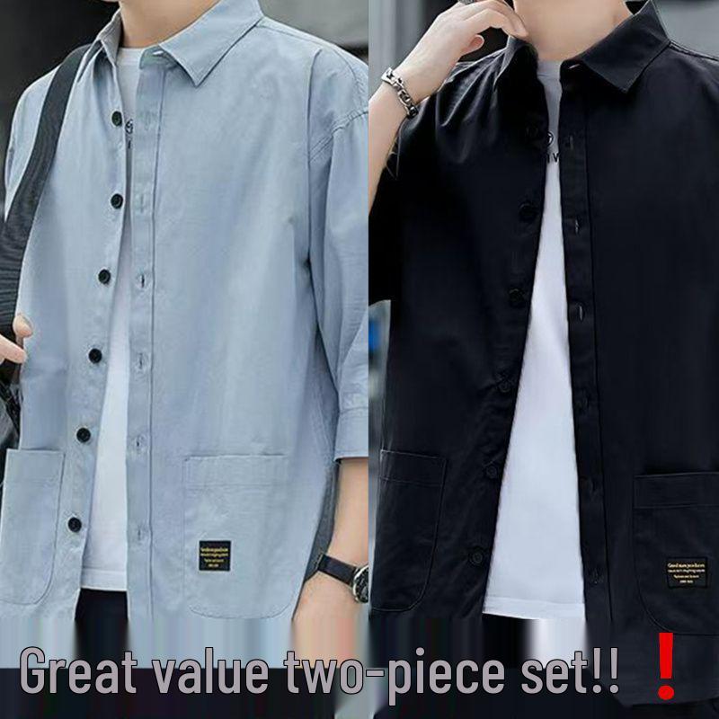 Men's Pure Cotton Seven-Sleeve Shirt - Spring/Summer Solid Color, Loose Fit, Trendy Casual Workwear with Versatile Pocket.