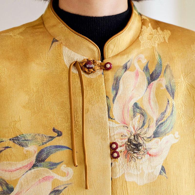 Pasite Autumn Chinese Style Floral Print Stand Collar Coat