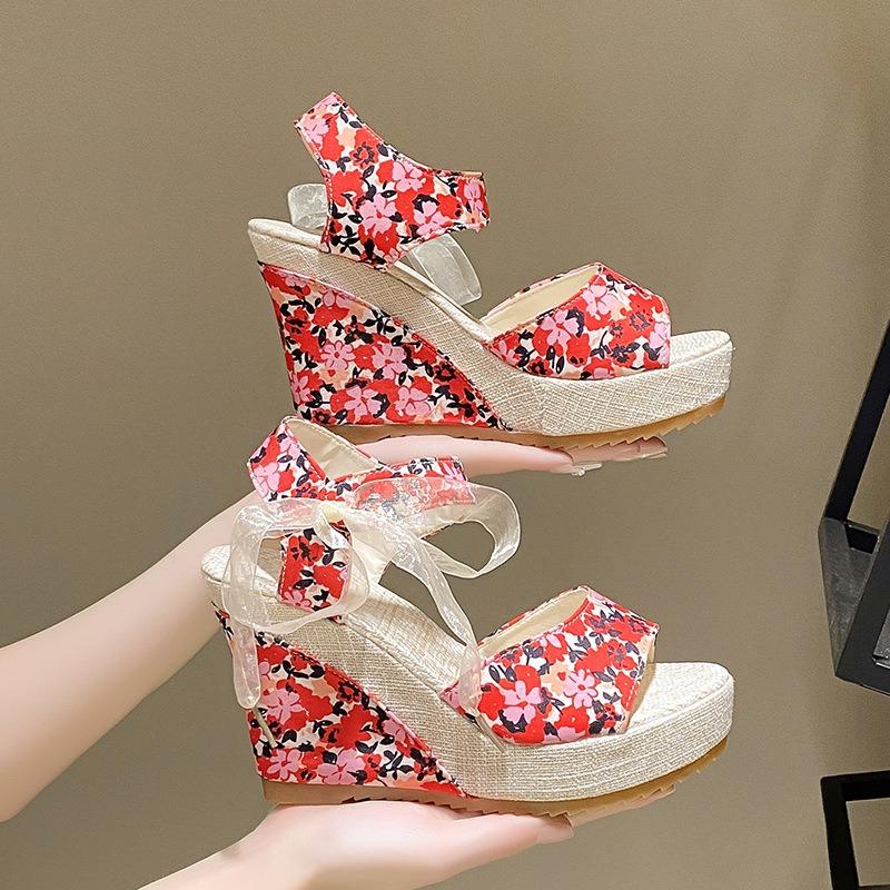 Bandage muffin sandals women's spring and summer high-heeled wedge heel sexy fish mouth platform high-heeled sandals women