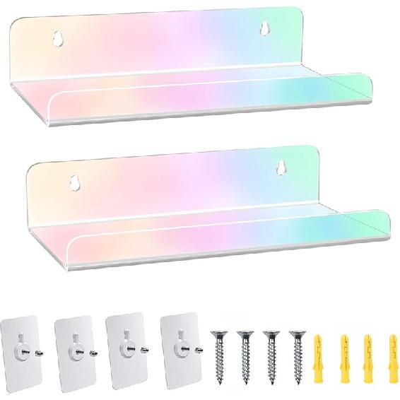 WANLIAN 8 Inch Acrylic Clear Shelves for Wall No Drilling, 2 Pack Small Adhesive Floating Shelf with Ledge, No Damage Mounted, Easily Expand Wall