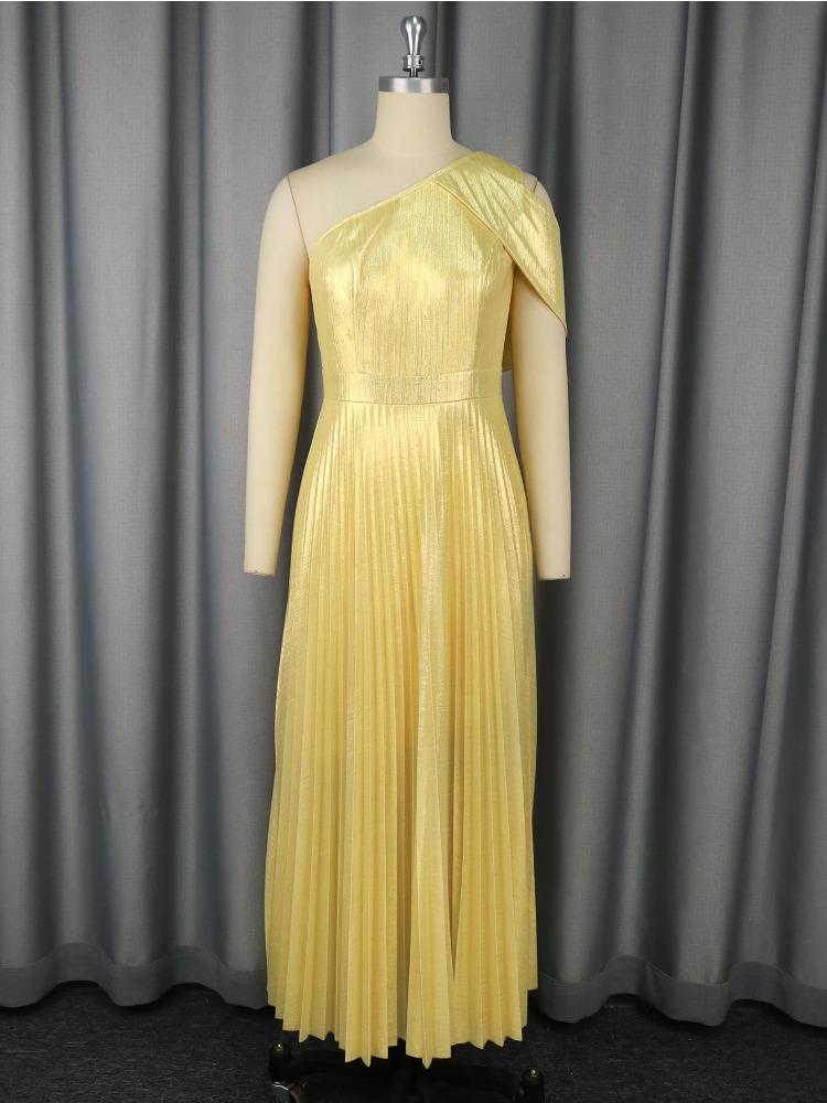 Women Elegant Long Dress Pleated One Shoulder Diagonal Collar A line Classy Shiny Party Event Robe African Female Wedding Guest