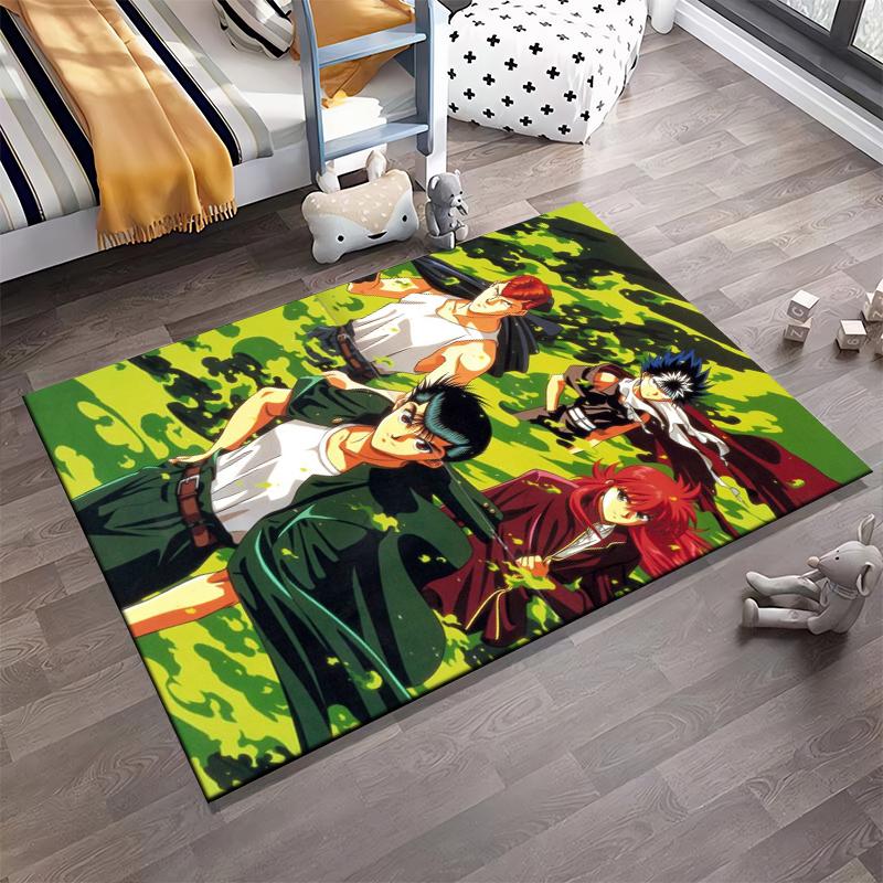 "Anime Style Green Camouflage Carpet with Bold Vibrant Characters Print" Suitable for use as an anti-slip for living room bedroom sofas