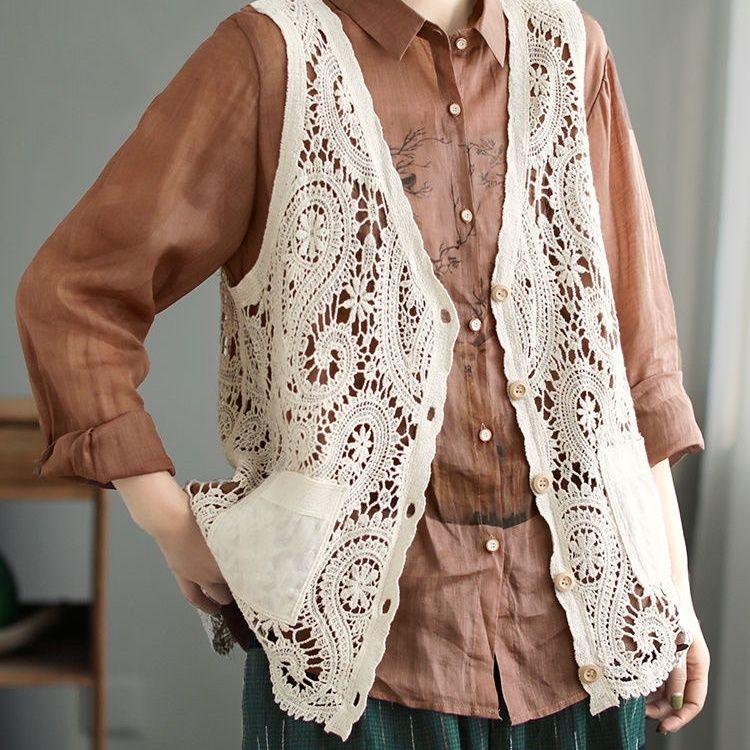 Bohemian Cotton Lace Cardigan Vest with Pockets and V-Neck