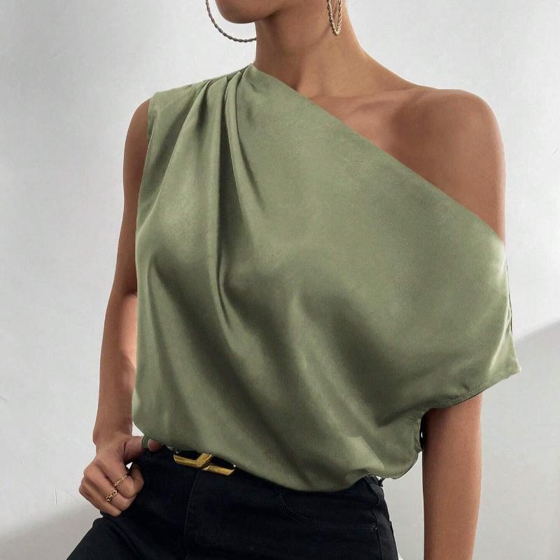 Summer New Fashion Skew Collar Loose Women's Shirts Elegant Single Shoulder Asymmetric Casual Blouses Tops Women Simple Slim Fit Shirt Female 26423