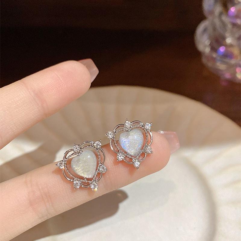 Cute Romantic Opal Heart Stud Earring for Women New Trend Multilayer Rhinestone Korea Earring Jewelry Accessories Girls Gift