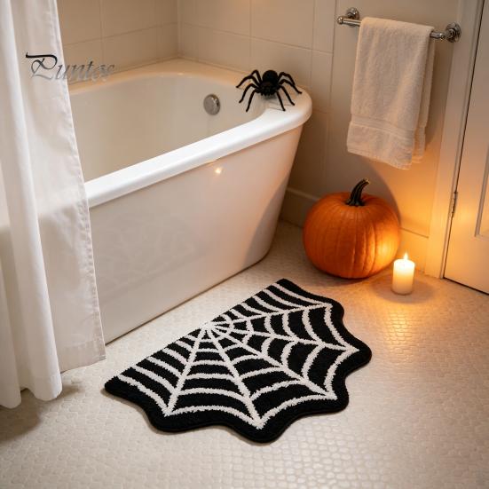 Durable Fade-resistant Rug Halloween Bathroom Rug, Spider Web Bath Mat, Gothic Pumpkin Lantern High-definition Printed Carpet Non-Slip Area for Front