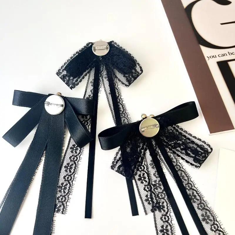 Fashion Black Lace Brooch Bow White Pearl Brooch Tie For Women Clothing Neckline Decoration Ribbon Tie Jewelry Accessories