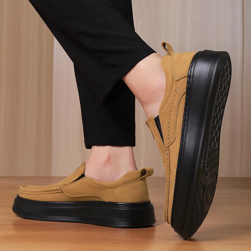 Sewing Thread Soft-soled Cowhide Surface Men's Casual Leather Shoes, Flanged Thick-soled Foot Cover Low Tube Black Middle-aged Lazy Shoes