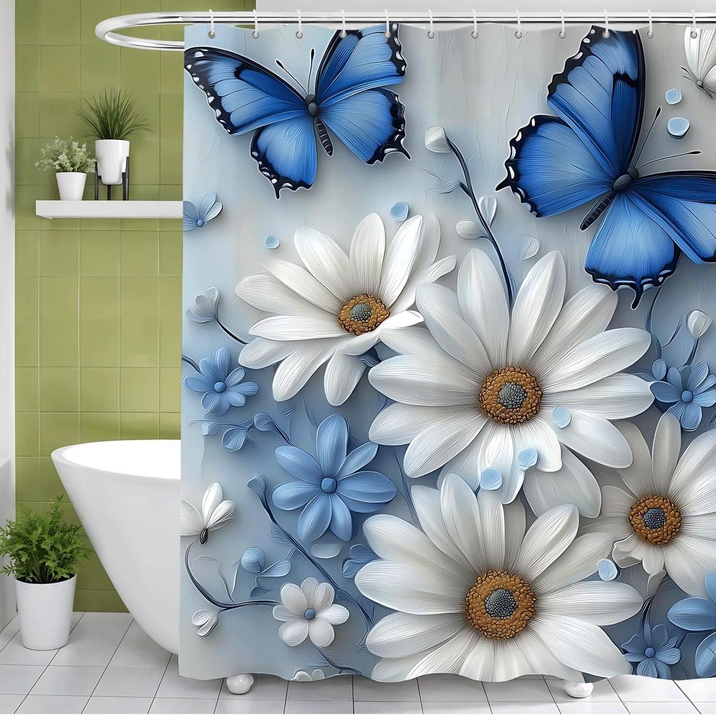 Flowers Butterflies Shower Curtain with Hooks Bathroom Curtain Decor Shower Curtain Waterproof Machine Washable