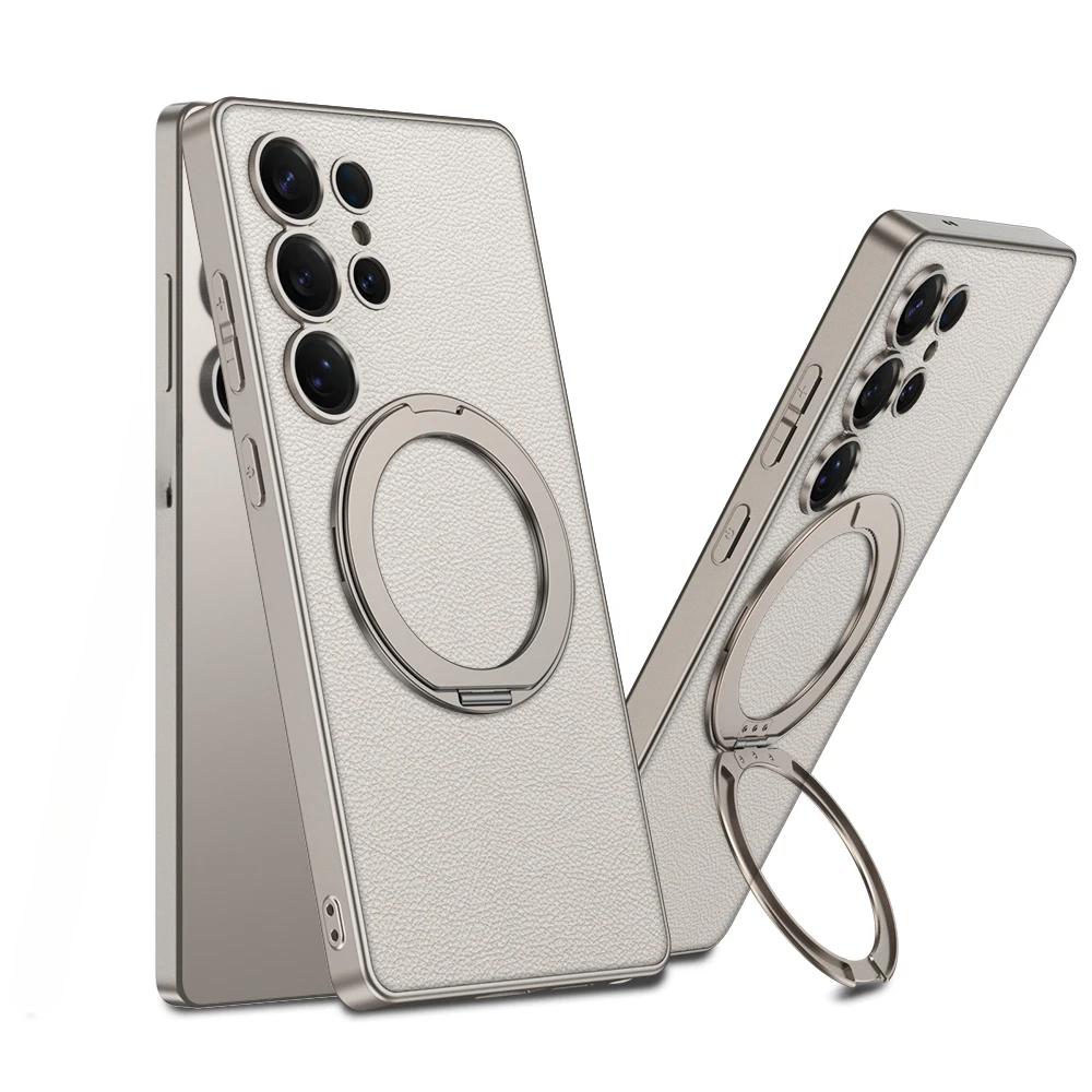 Magnetic Rotating Bracket Phone Case for Samsung Galaxy S25 Ultra Electroplate Leather Holder Shockproof Protective Cover