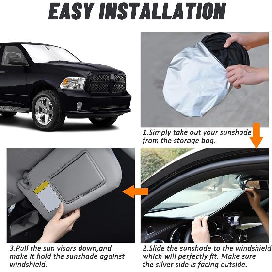 Bestview Windshield Sun Shade For Dodge Ram 1500 2009-2018, Fit Front Window Sun Shade Sun Shade Protective Film Blocks UV Heat, Foldable 3 Layer