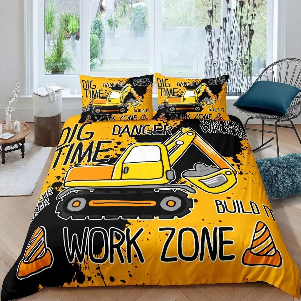 Excavator King Queen Duvet Cover Cartoon Construction Truck Bedding Set for Kids Boys Girls Tractor 2/3pcs Polyester Quilt Cover