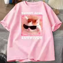 Cool Sunglasses Kitten T Shirt Tummy Ache Survivor Pink Heart Frame Funny Pain Mood Pet Graphic Unisex Oversized Streetwear Tee 1