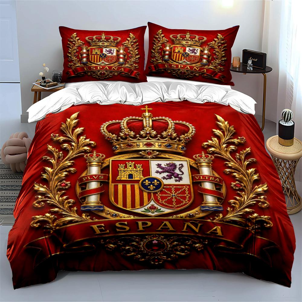 Spanish Royal Emblem Bedding Set Red Design Bedding Set (1 Duvet Cover, 2 Pillowcases, Duvet Not Included)