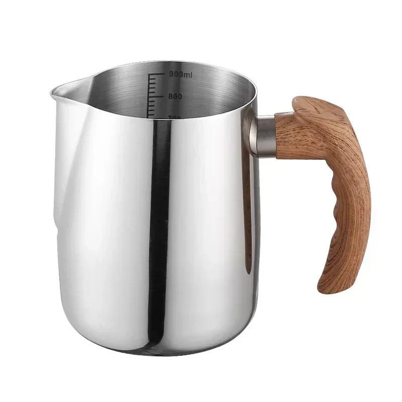 304 Stainless Steel Coffee Milk Frothing Pitcher Jug with Wood Grain Handle Spout Cappuccino Coffee Kitchen Cafe Accessories