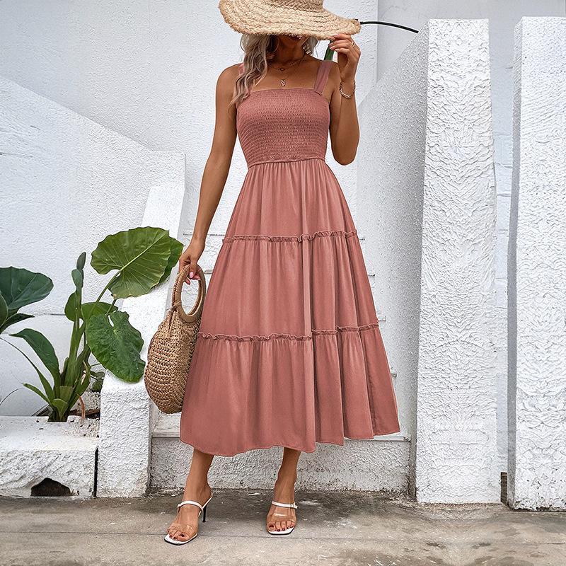 VEZFAA Kvinnemote Sommer Vår Ensfarget Print Ermeløse seler Høy midje Uformelle kjoler