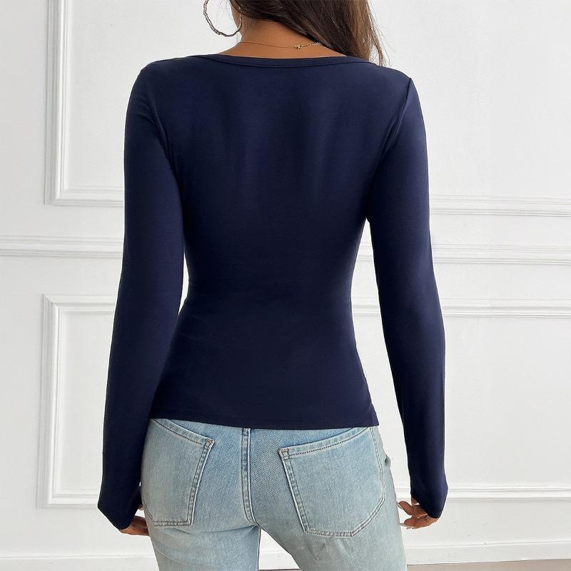 Top Y2K Autunnali e Invernali da Donna Blusa Slim a Maniche Lunghe con Bottoni e Scollo a V