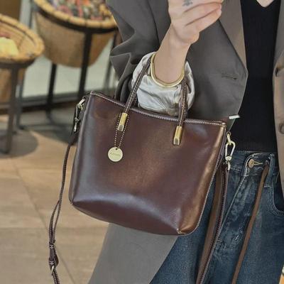 Damen Retro Echtleder Crossbody Handtasche - Pflanzlich gegerbtes Rindsleder Trendy Bucket Bag