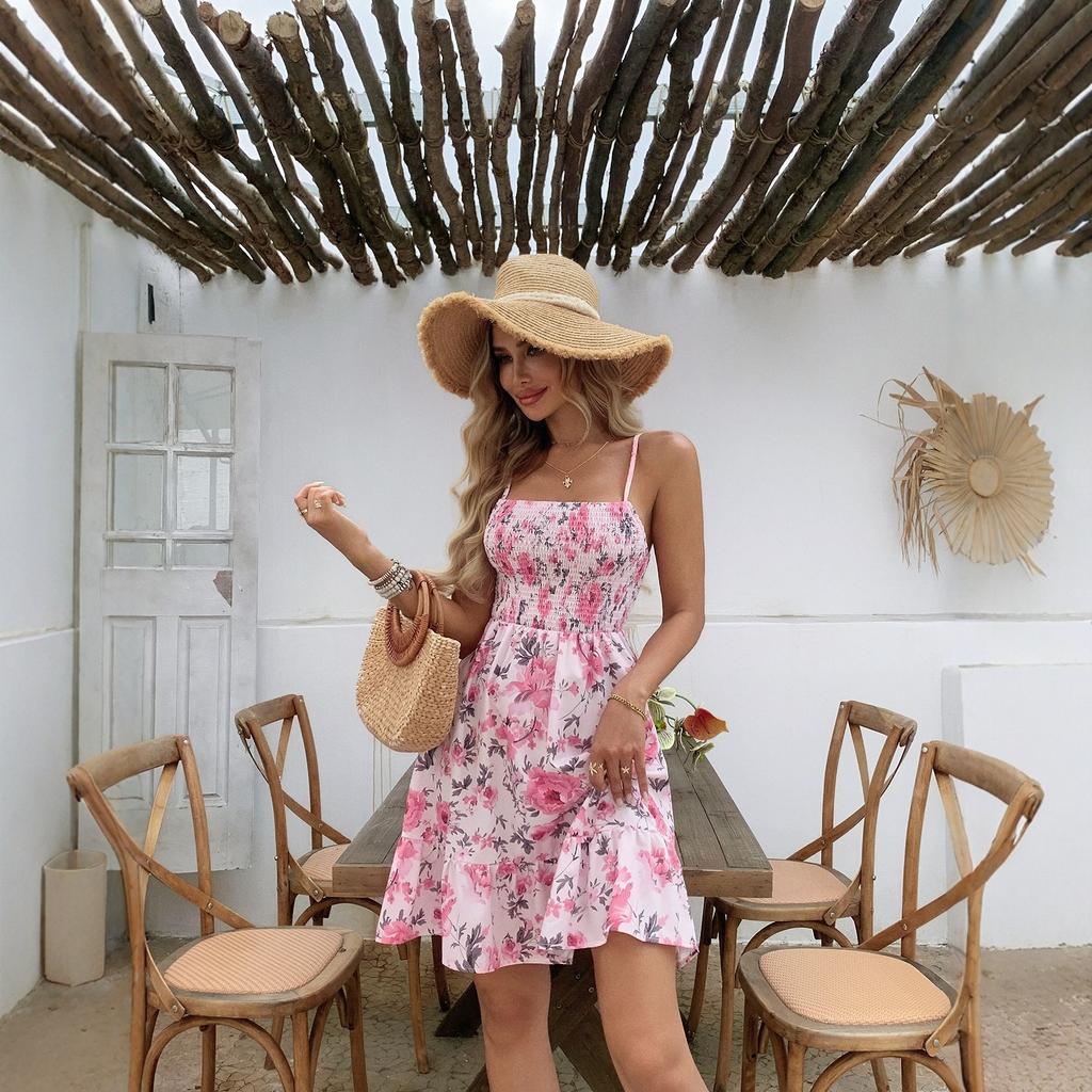 Women's Floral Print Shirred Spaghetti Strap Dress Spring Summer Boho Ruffle Sundress Casual Beach Maxi Dress