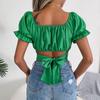 GMXIA Women's Fashion Casual Solid Color Print Short Sleeve Square Collar Blouses & Shirts Slim Lace-up Chiffon Crop Top