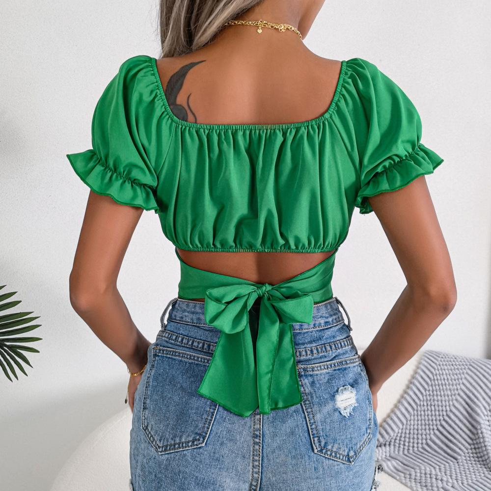 GMXIA Women's Fashion Casual Solid Color Print Short Sleeve Square Collar Blouses & Shirts Slim Lace-up Chiffon Crop Top